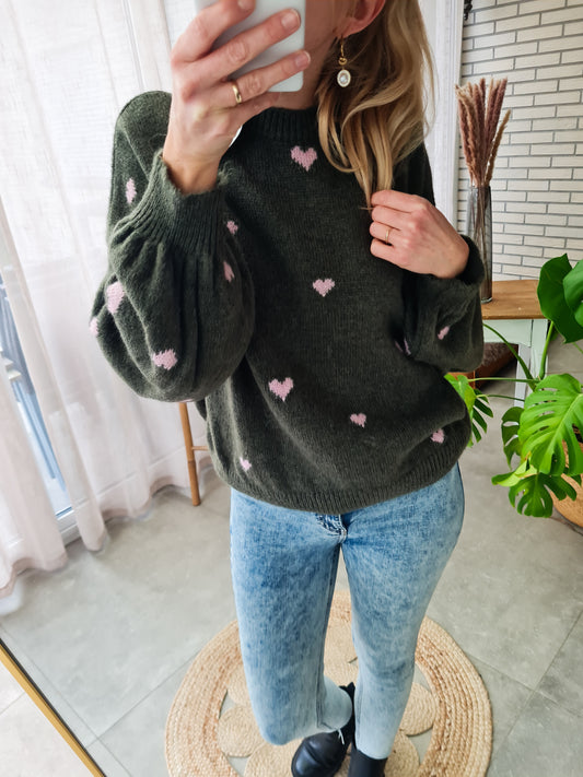 Herzchen Pullover "LOVE" - oliv