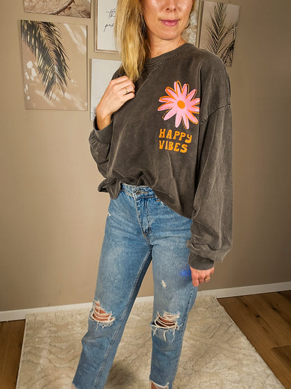 Statement Sweater "Happy Vibes" - grau