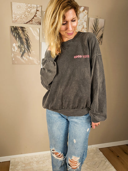 Statement Sweater "Good Vibes" - grau