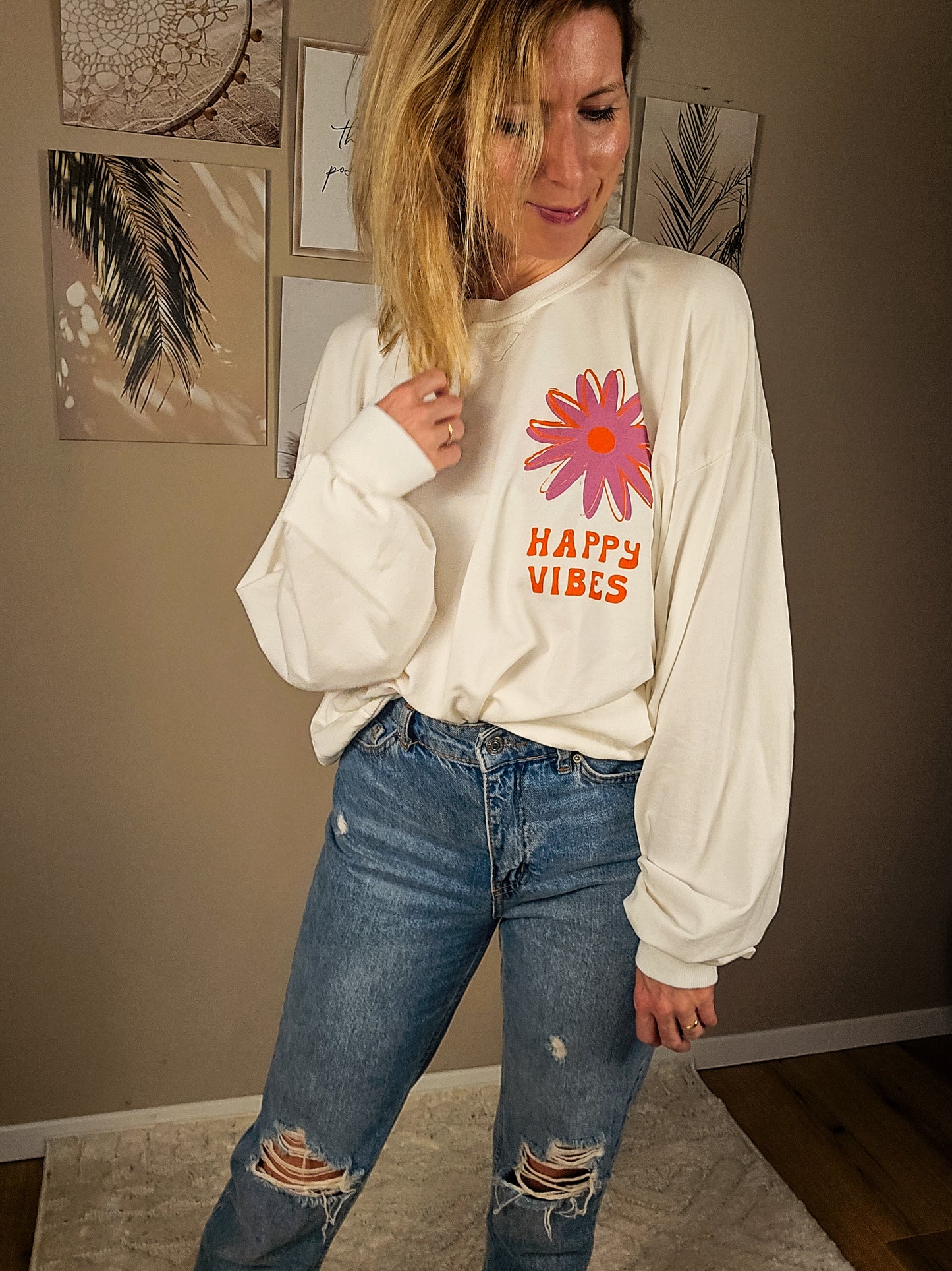 Statement Sweater "Happy Vibes" - weiß