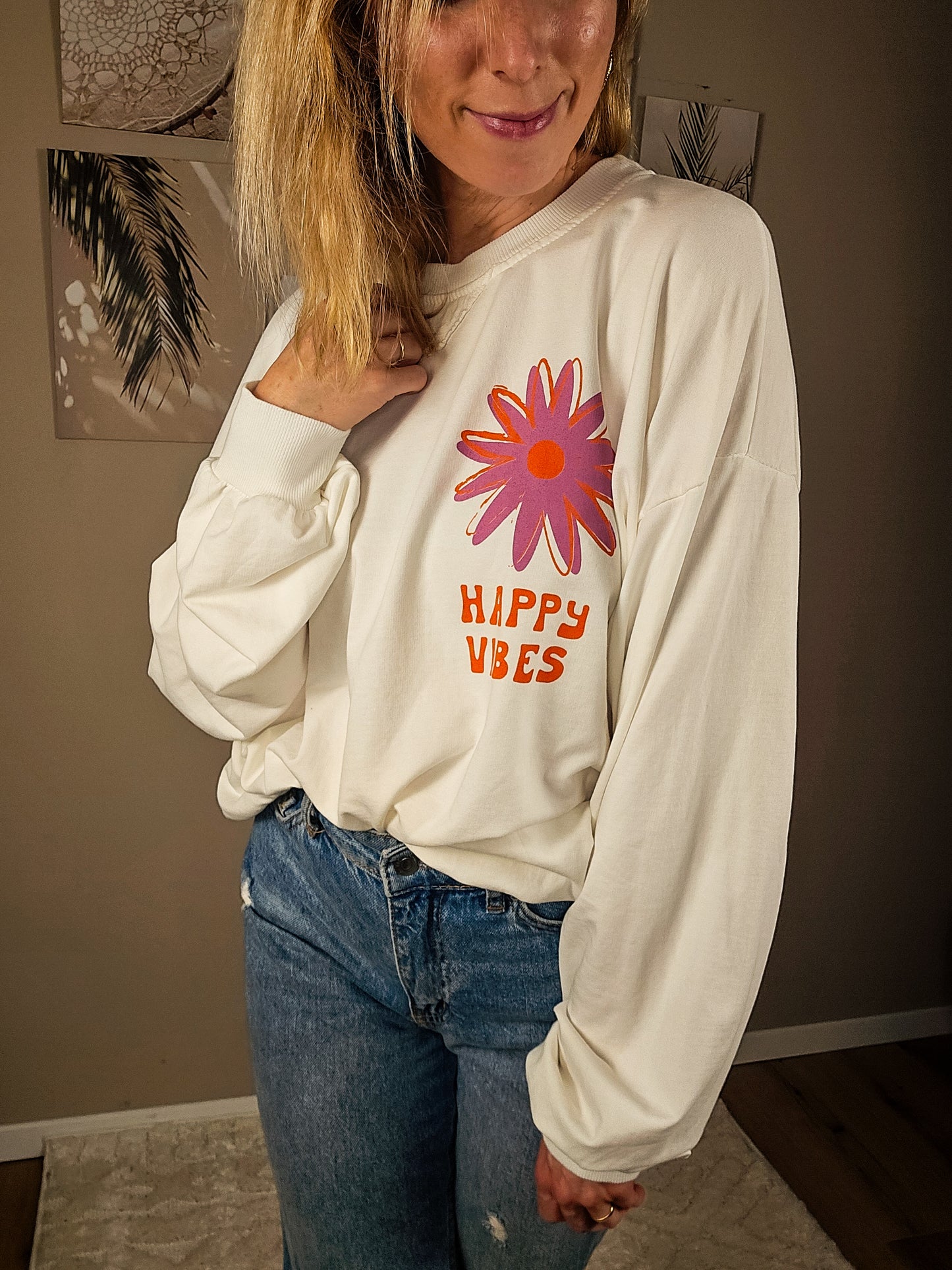 Statement Sweater "Happy Vibes" - weiß