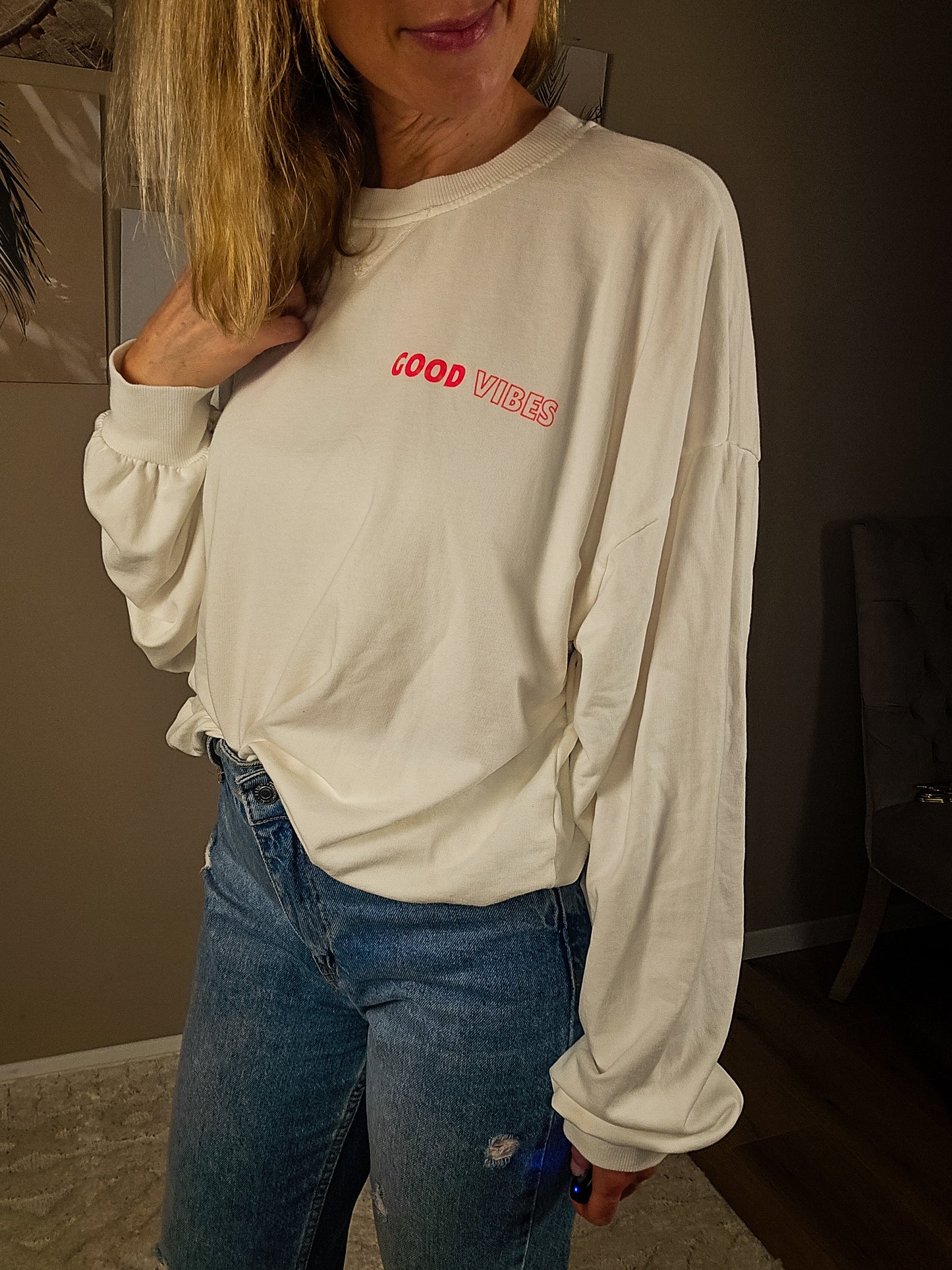 Statement Sweater "Good Vibes" - weiß