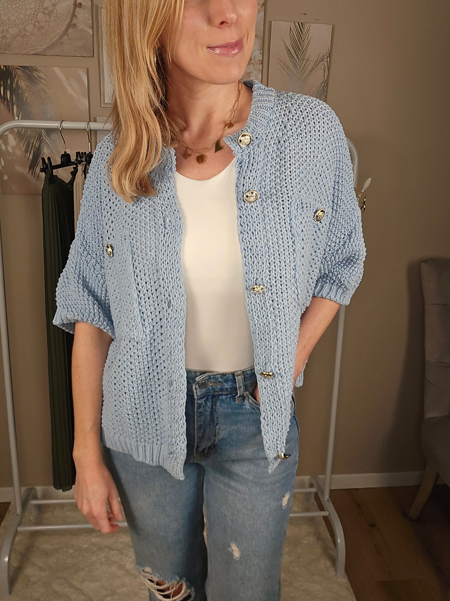 Kurzarm Cardigan "SOPHIA" mit Knopfleiste - hellblau