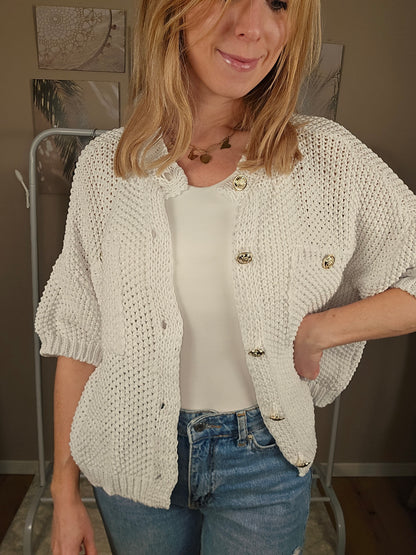 Kurzarm Cardigan "SOPHIA" mit Knopfleiste - weiß