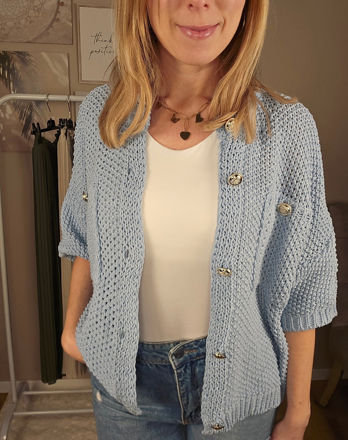 Kurzarm Cardigan "SOPHIA" mit Knopfleiste - hellblau