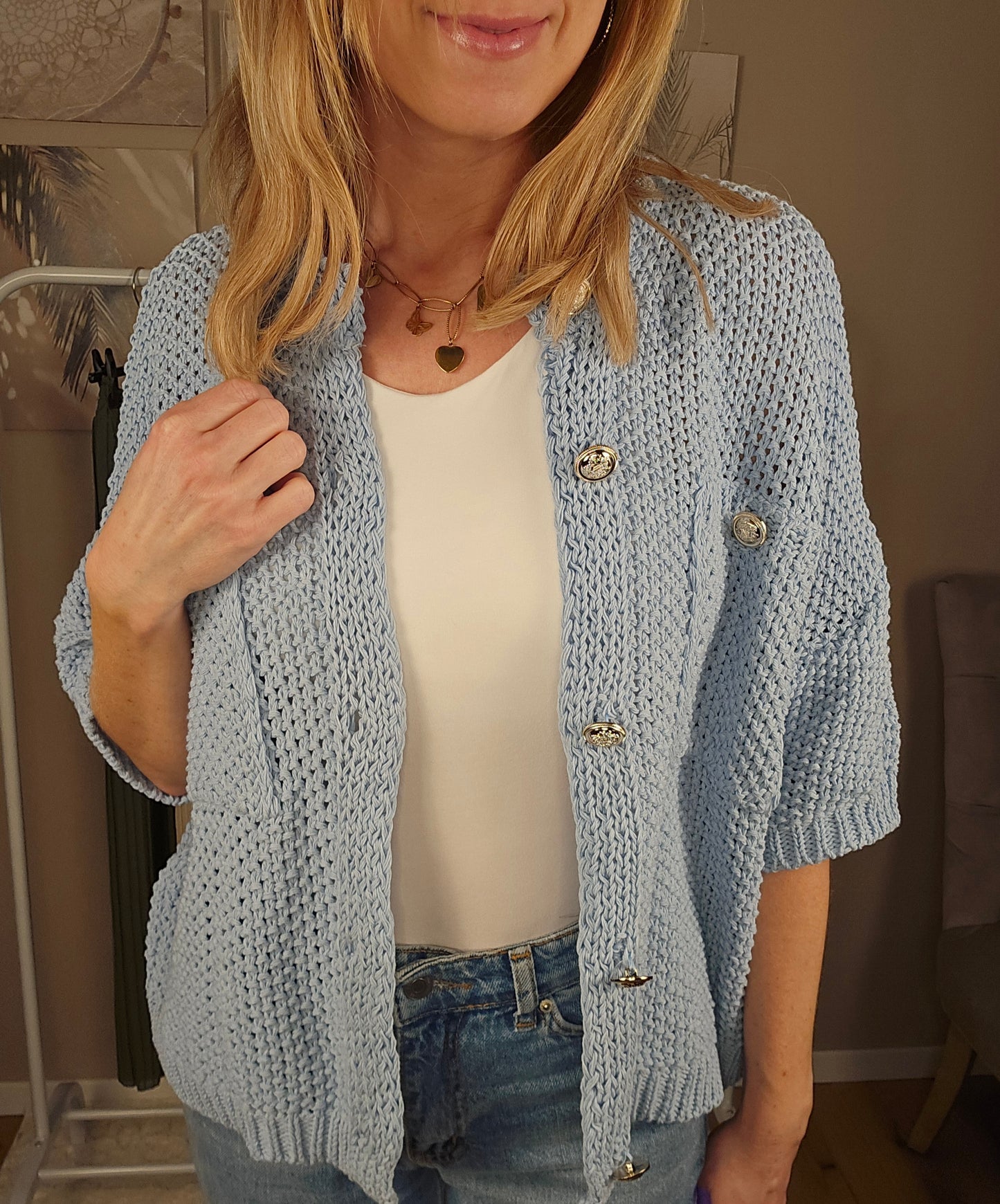 Kurzarm Cardigan "SOPHIA" mit Knopfleiste - hellblau